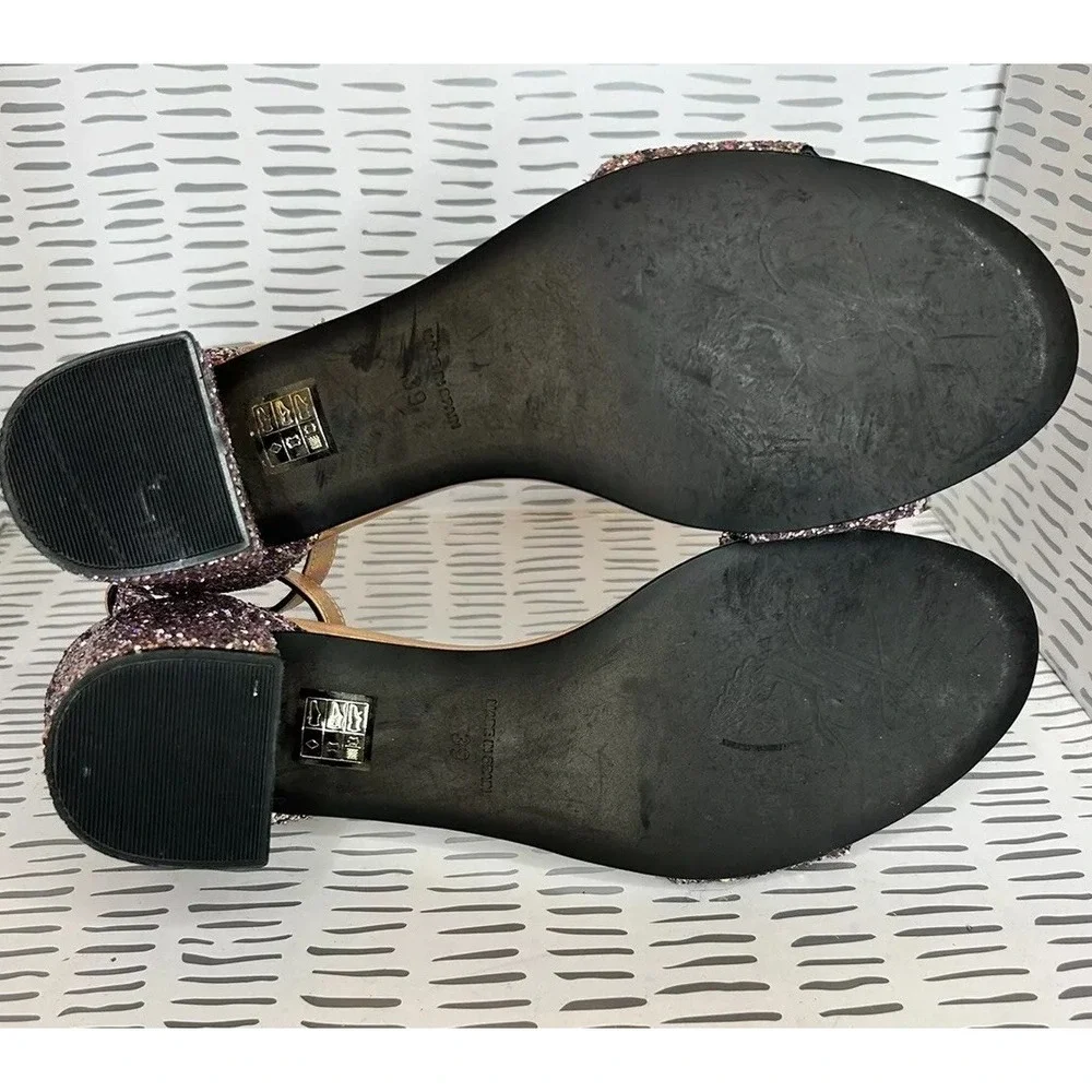 Free People Womens 39 Purple Multi Glitter Block Heel Ankle Strap Sandals‎ Disco